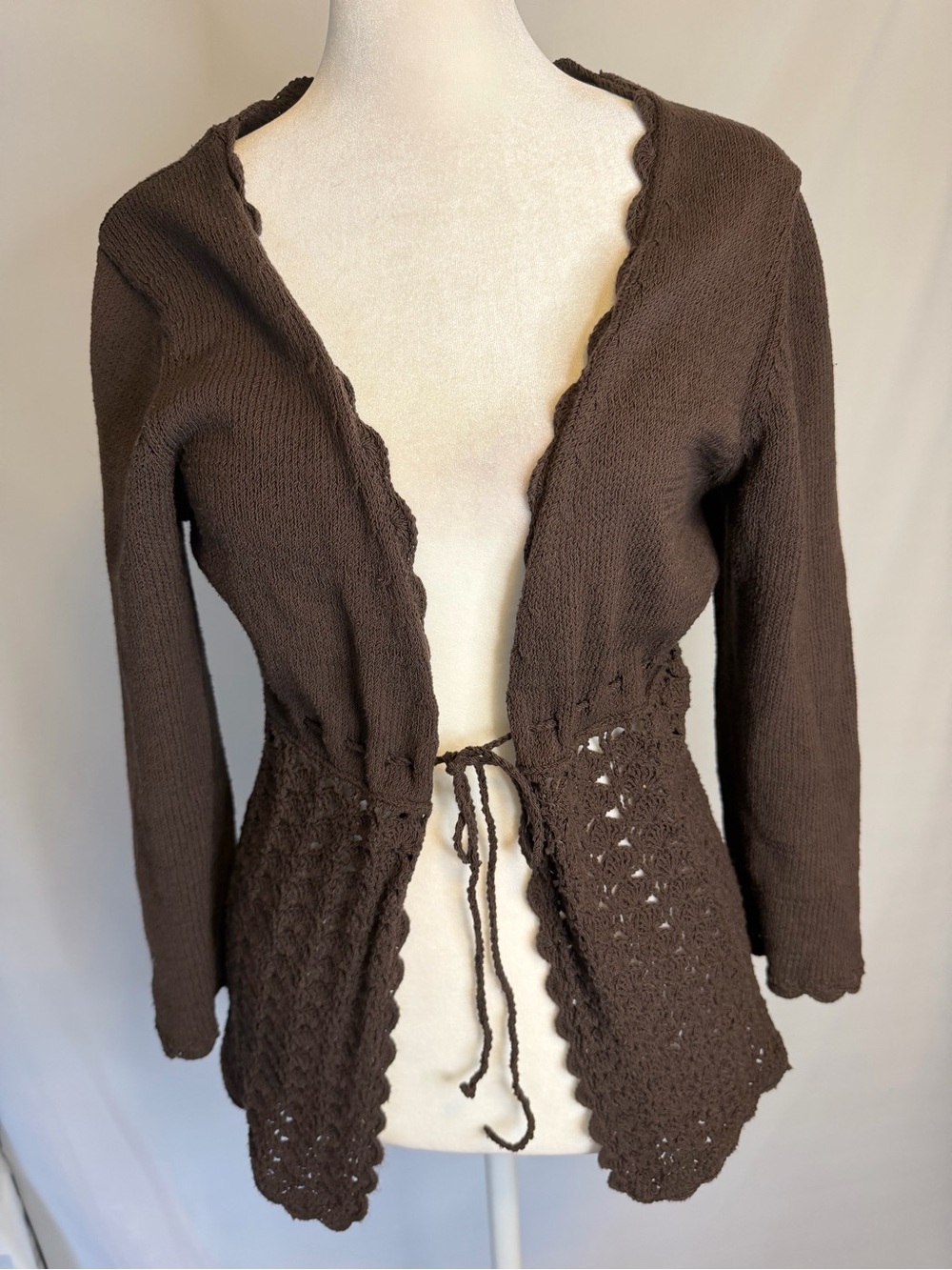 Coffee Brown Crochet-Hem Tie-Front Cardigan, Scalloped Neck & Cuff Detail